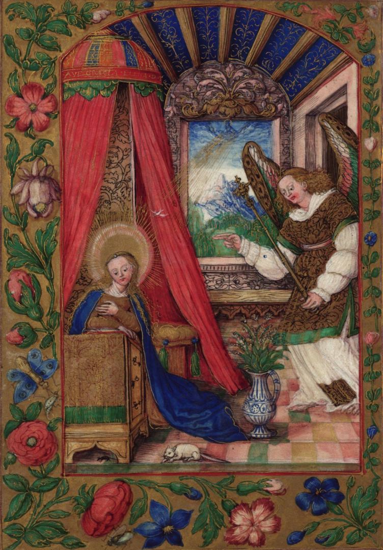 S. Samostrzelnik z warsztatem, Zwiastowanie, ilustracja z tomu: Modlitewnik Olbrachta Gasztołda kanclerza wielkiego litewskiego 1528 r. Facsimile S. Samostrzelnik z warsztatem, Zwiastowanie, ilustracja z tomu: Modlitewnik Olbrachta Gasztołda kanclerza wielkiego litewskiego 1528 r. Facsimile, wstęp W. Wydra, Poznań 2015, seria „Libri Precationum Illuminati Poloniae Veteris”