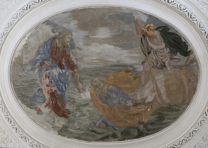 Stan malowidła ściennego przed konserwacją. Św. Piotr chodzący po wodzie.